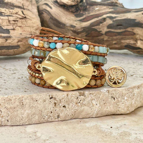Bracelet en pierre naturelle avec médaillon central en plaqué or et lanières en cuir véritable - jaspe paysage et labradorite - ajustable pour tous les poignets